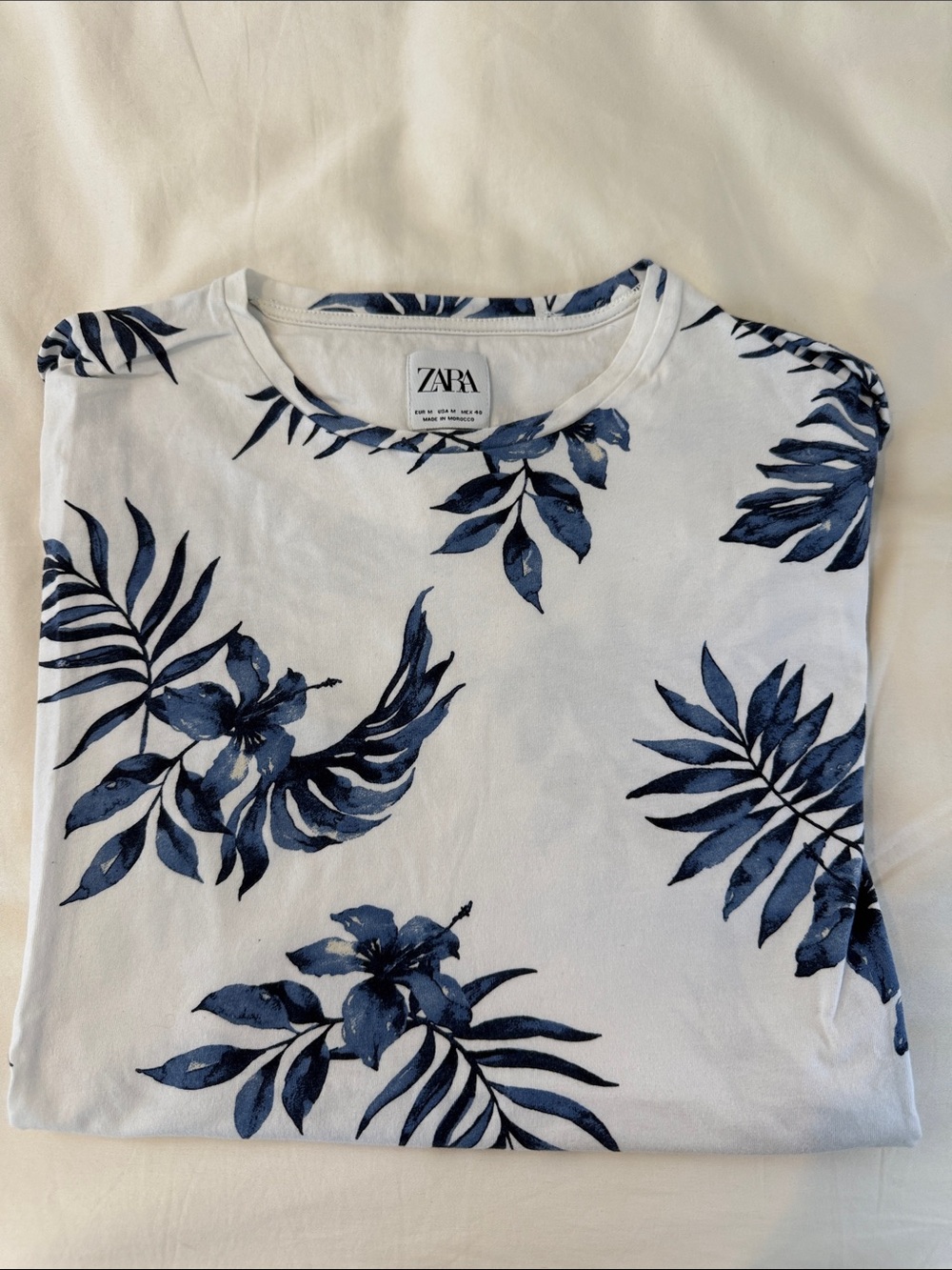 Zara White Short-Sleeve Tee with Blue Tropical Print